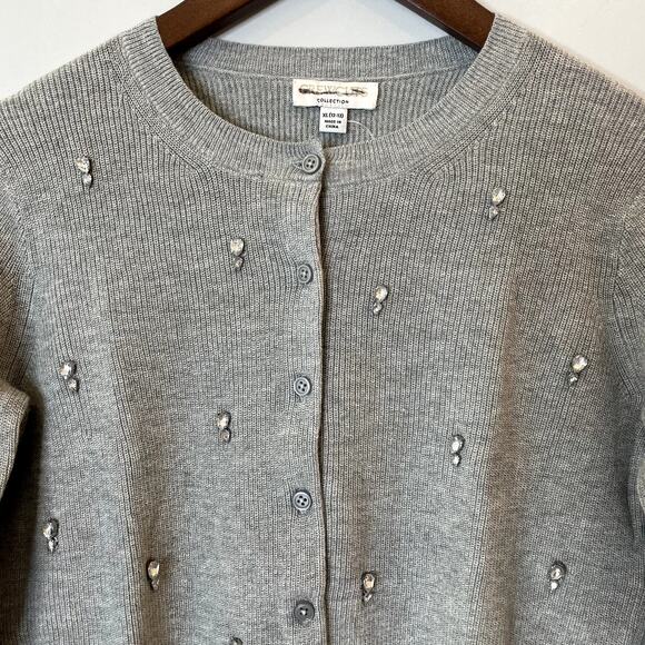 J.Crew Collection Embellished Cardigan Sweater Cotton Holiday CD379 Grey 12 13 - Picture 3 of 14